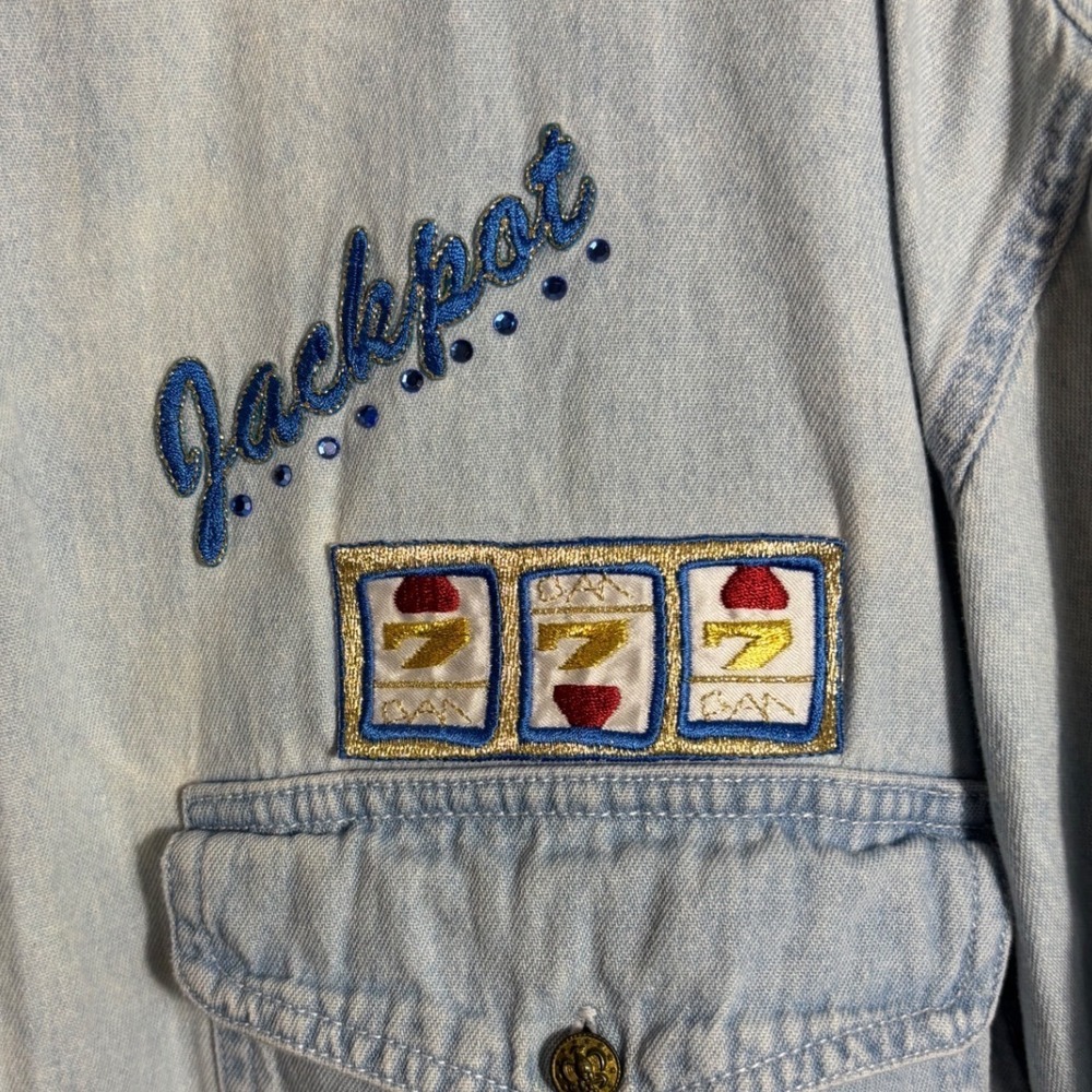 Vintage Tia Designs 'Jackpot' Vegas Embroidered Denim Button Down Size L - Picture 4 of 7